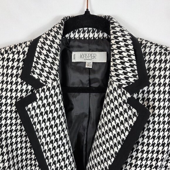 Kasper Blazer Jacket Women's Size 12P Black & White Houndstooth One Button - Picture 3 of 16